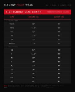 Size chart for fight shorts