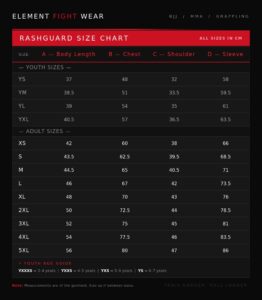 Rashguard size chart for youth and adults
